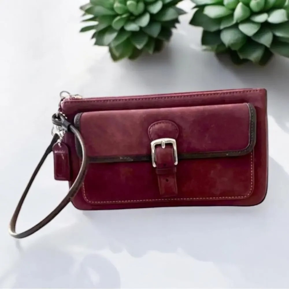 VINTAGE COACH Clutch Bag Y2K Red Leather Clutch Brown Trim Wristlet 744-23